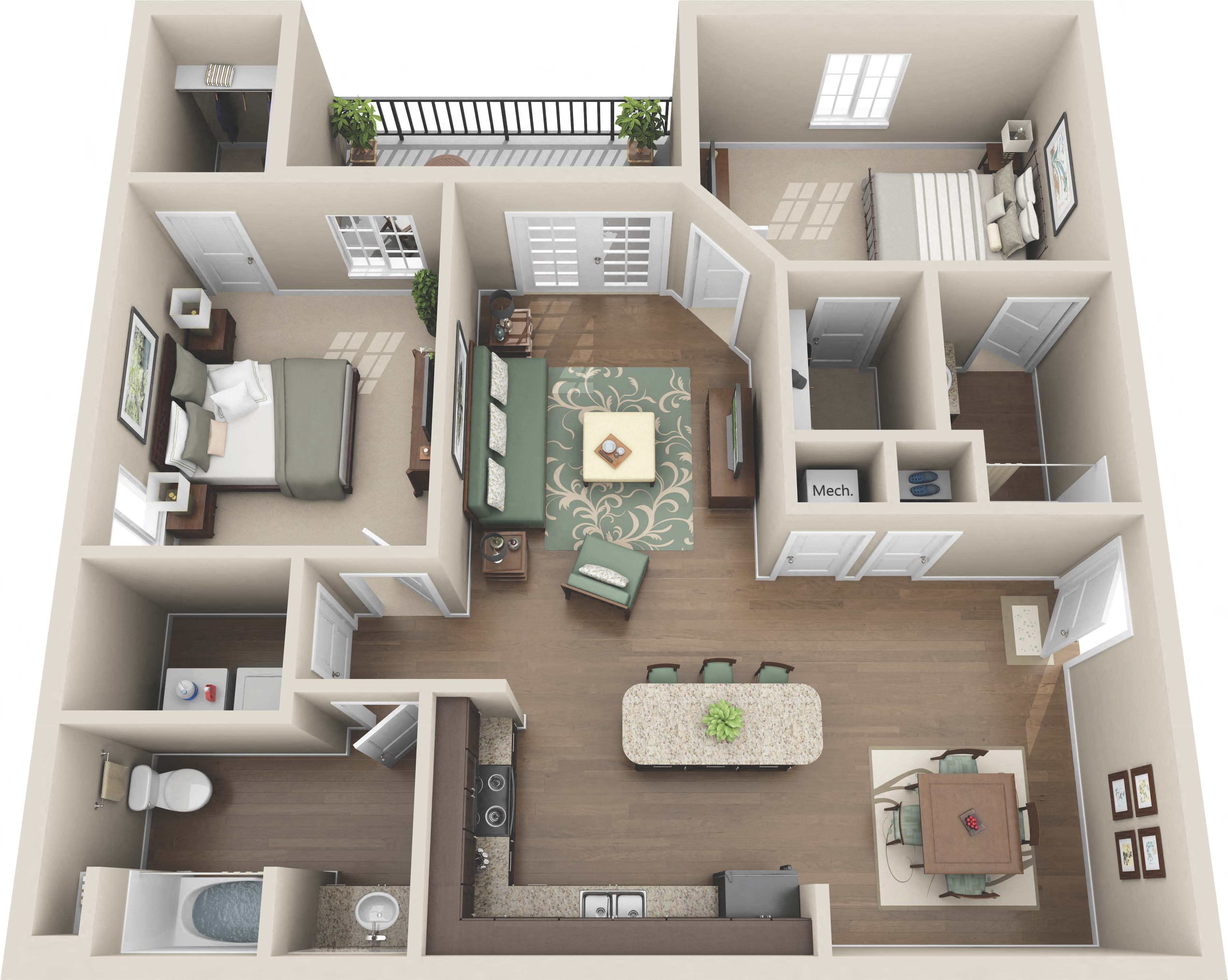 Floor plan for 2 beds, 2 baths, 1191 sqft